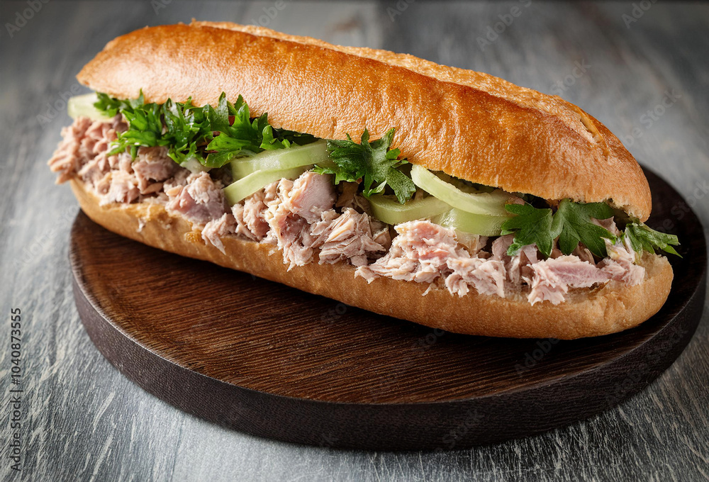 Canned tuna fish salad sandwich with onion, celery, parsley in baguette bread on a wooden board Canned tuna fish salad sandwich with onion, celery, parsley in baguette bread on a wooden board