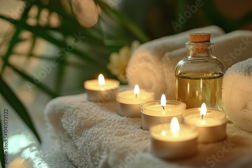 Scented candles and essential oil on a white towel.