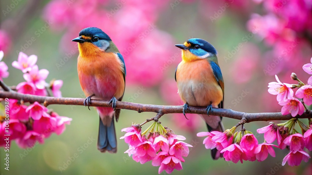 Fototapeta premium Two birds are perched on a pink branch