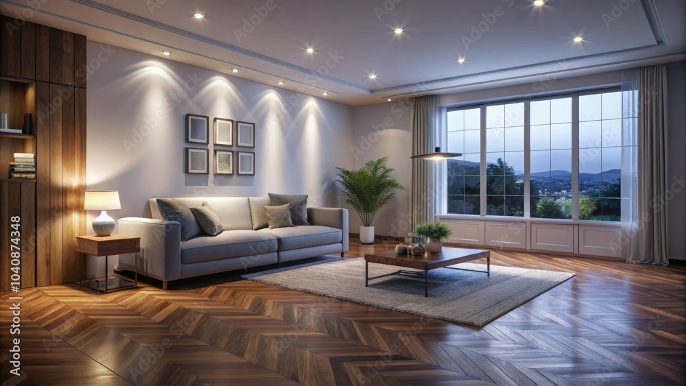 Fototapeta premium The unoccupied living room showcases wooden flooring and white walls, awaiting furniture placement and unique touches to create a cozy, inviting atmosphere.
