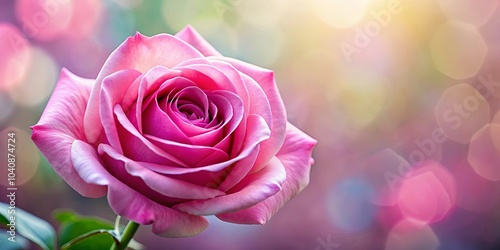 A single pink rose with soft petals, its beauty accentuated by a vibrant bokeh background.