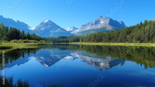 A serene mountain lake reflects the snow-capped peaks and a clear blue sky on a bright summer day.