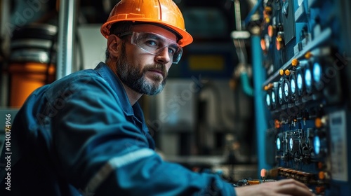 A focused engineer in a blue jumpsuit and orange hardhat works on a control panel in a dimly lit industrial setting.