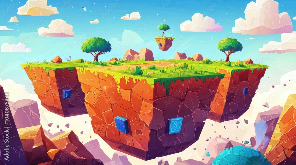 Floating Rock Formations with Green Grass and Trees in a Cartoon Style
