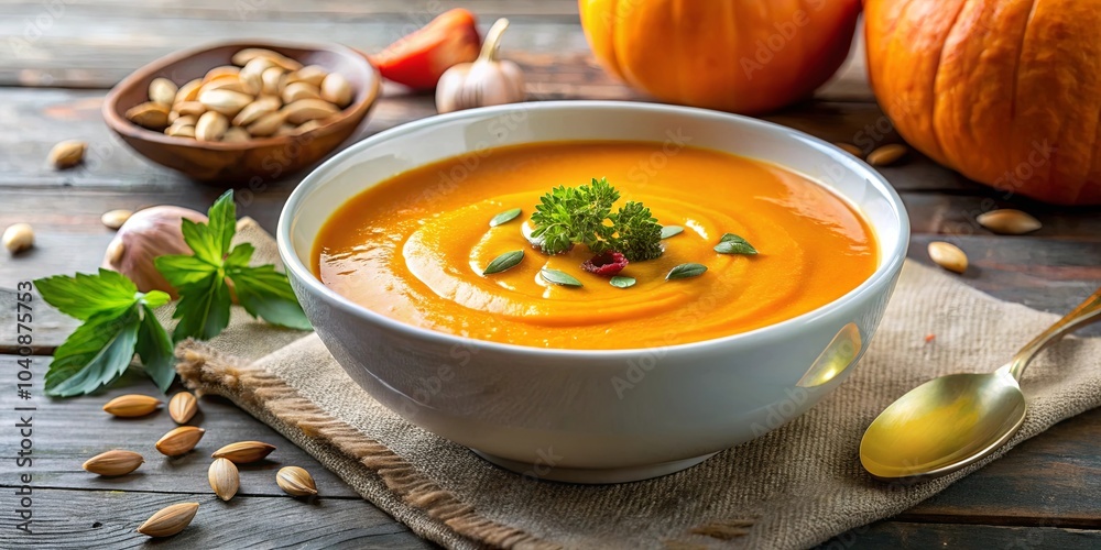 A Bowl of Creamy Pumpkin Soup Garnished with Fresh Herbs, Seeds, and a Touch of Red on a Rustic Wooden Table A Bowl of Creamy Pumpkin Soup Garnished with Fresh Herbs, Seeds, and a Touch of Red on a Rustic Wooden Table
