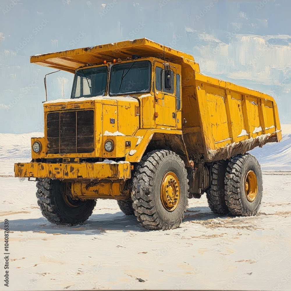 A yellow dump truck is parked on a snowy field. The truck is large and has a large bed. A yellow dump truck is parked on a snowy field. The truck is large and has a large bed.
