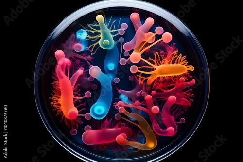 A colorful close up of bacteria, viruses, cell, in a petri dish. Microorganisms under the microscope.