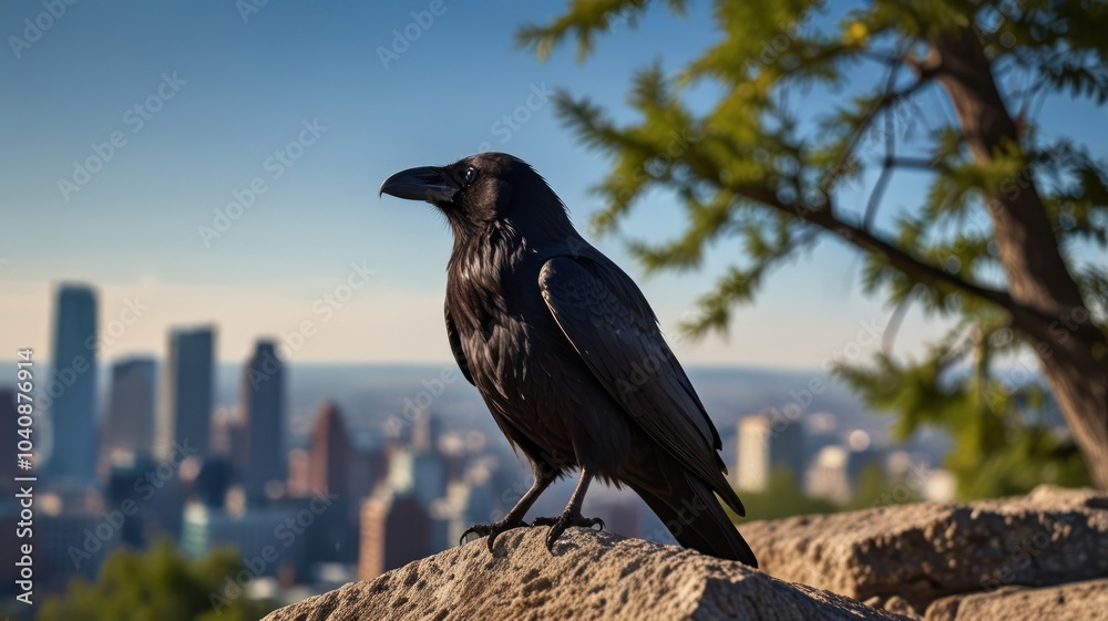 Obraz premium A black raven perched on a rock with a cityscape in the background.