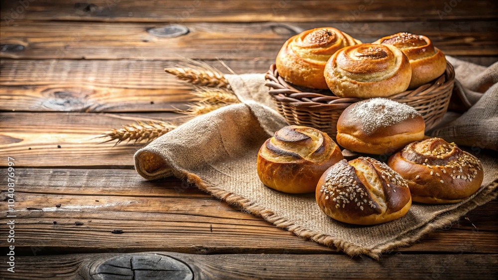 Fototapeta premium A Rustic Arrangement of Freshly Baked Rolls on a Burlap-Covered Wooden Surface with Wheat Stalks in the Foreground