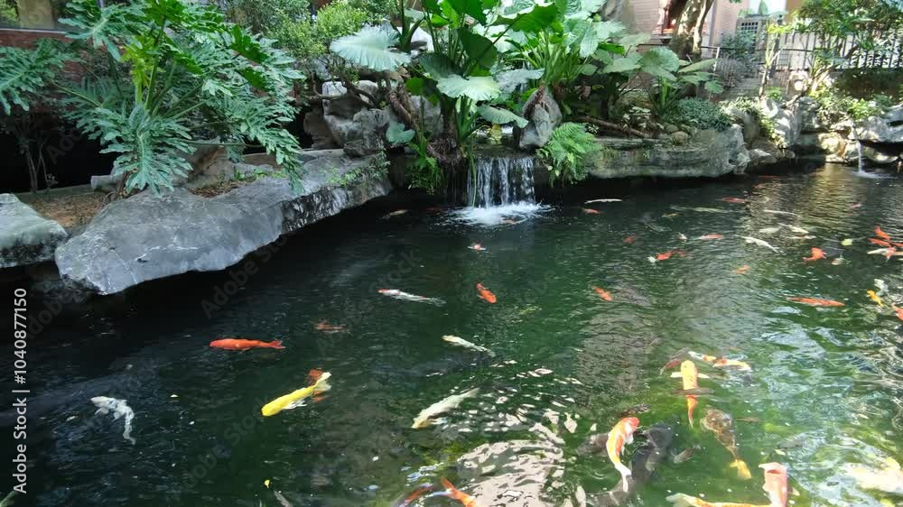 A beautiful artificial pond in a landscaped Asian garden features colorful koi fish swimming gracefully through the water, along with an ornate cascading waterfall and decorative lush green plants