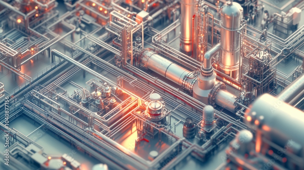 Fototapeta premium Industrial Refinery Complex Futuristic Technology Pipes and Machinery