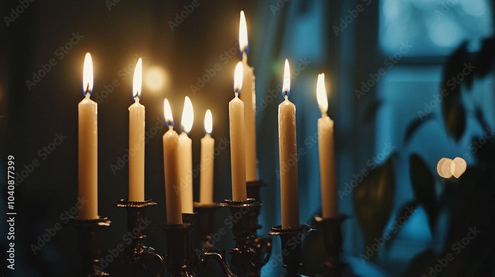 Menorah with lit candles celebrating Hanukkah in a warmly lit, cozy home environment at night Menorah with lit candles celebrating Hanukkah in a warmly lit, cozy home environment at night