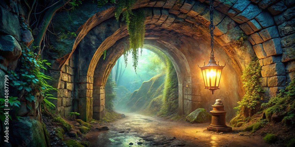 A solitary lantern casts a warm glow on the path leading into the ancient stone archway, revealing a mystical forest shrouded in mist.