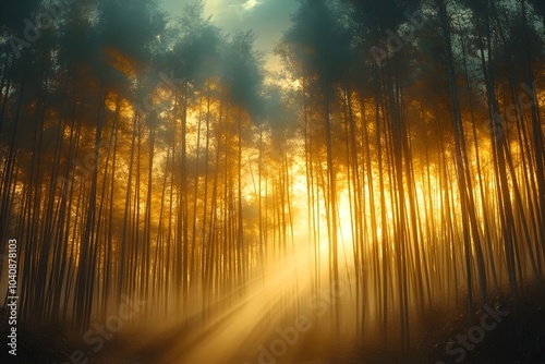 A serene misty forest at dawn with golden sunlight streaming through tall trees, creating a magical and tranquil atmosphere.