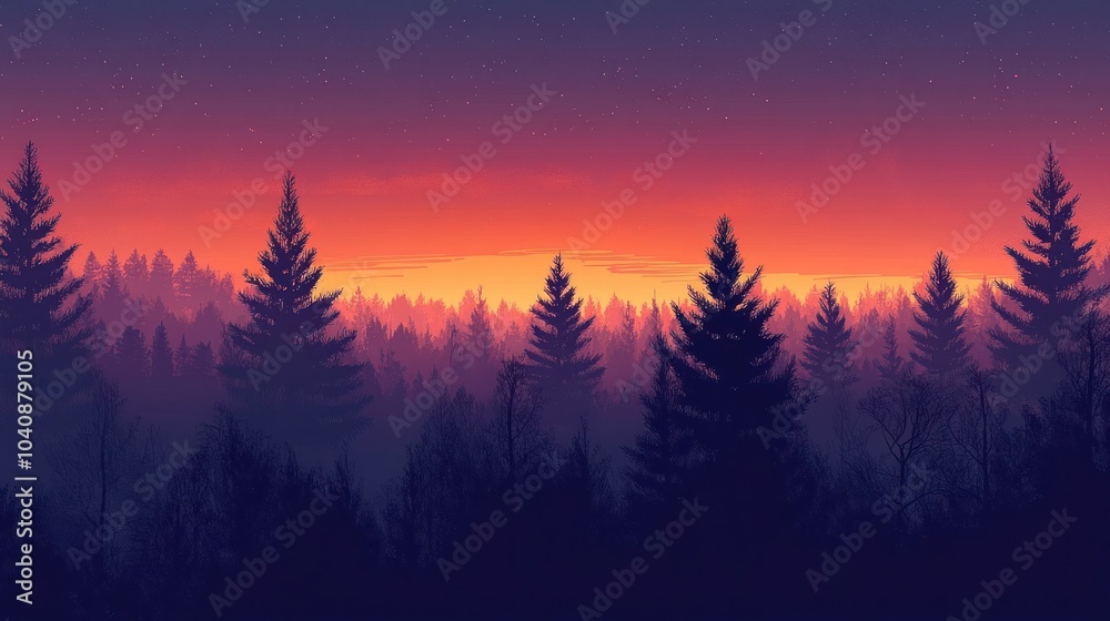 Silhouetted Pine Trees against an Orange Sunset Sky with Stars. Silhouetted Pine Trees against an Orange Sunset Sky with Stars.