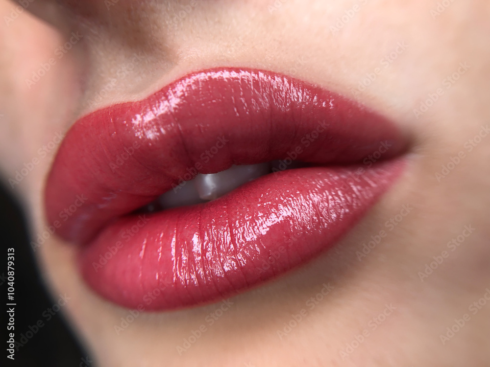 Fototapeta premium permanent makeup on the lips of a young woman of a delicate peach shade close-up, a girl after a cosmetic procedure with smooth and clean healthy skin. 