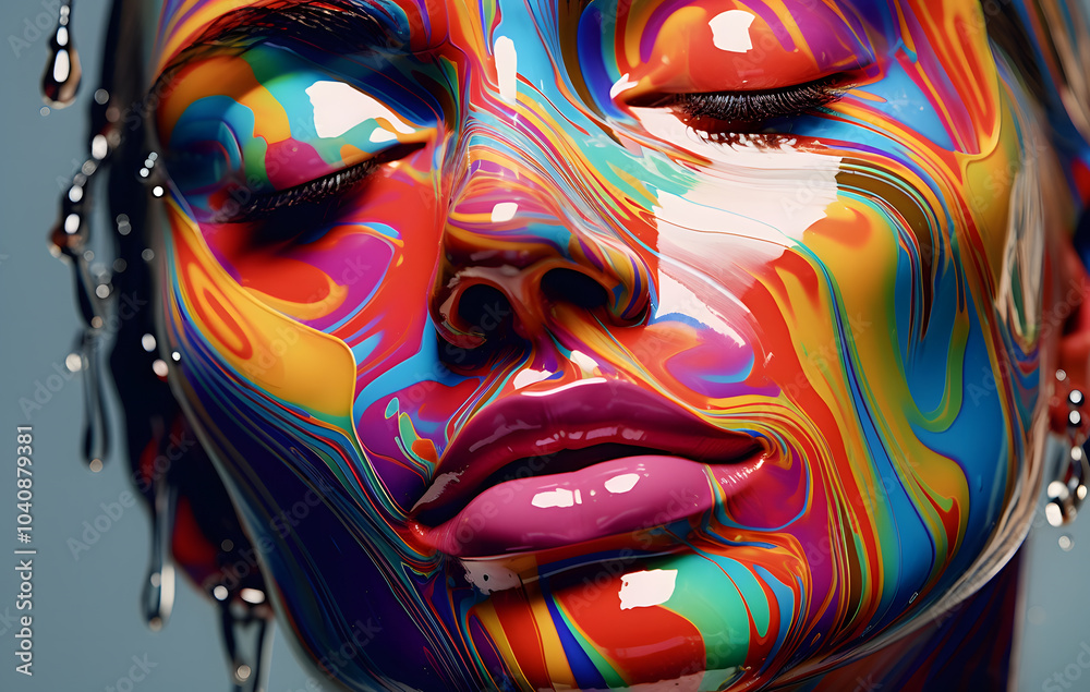 Fototapeta premium Close-up of watercolor, acrylic, bright colors blending into a person's face.