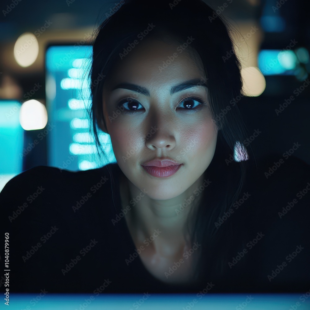 Asian woman working late at night, dimly lit office with glowing screen, focused expression Asian woman working late at night, dimly lit office with glowing screen, focused expression