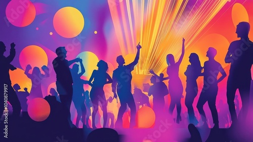 Silhouettes of people dancing at a party with colorful abstract background.