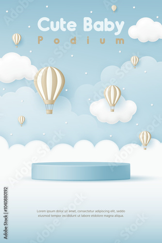 3D Vector Cute baby product display cylinder stand podium banner. Air balloon in the blue sky background for infant store, online shop, kid clothes toy, fashion discount promotion sale, social media.