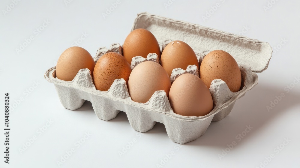 Six brown eggs in a cardboard carton on a white background. Six brown eggs in a cardboard carton on a white background.