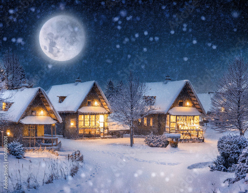 Winter landscape with a snowy village in christmas time in the mountains at night with full moon and snowfall