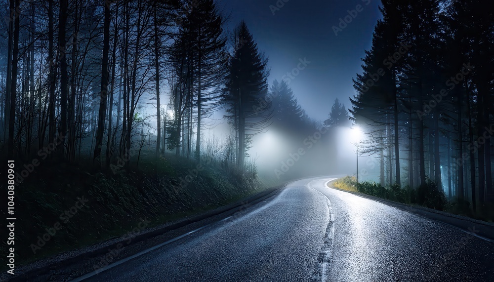 Fototapeta premium Isolated road breathing, white vapors dancing between shadowy trees and phantom streetlamps.