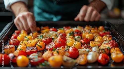 A person garnishing a tray of colorful roasted vegetables.