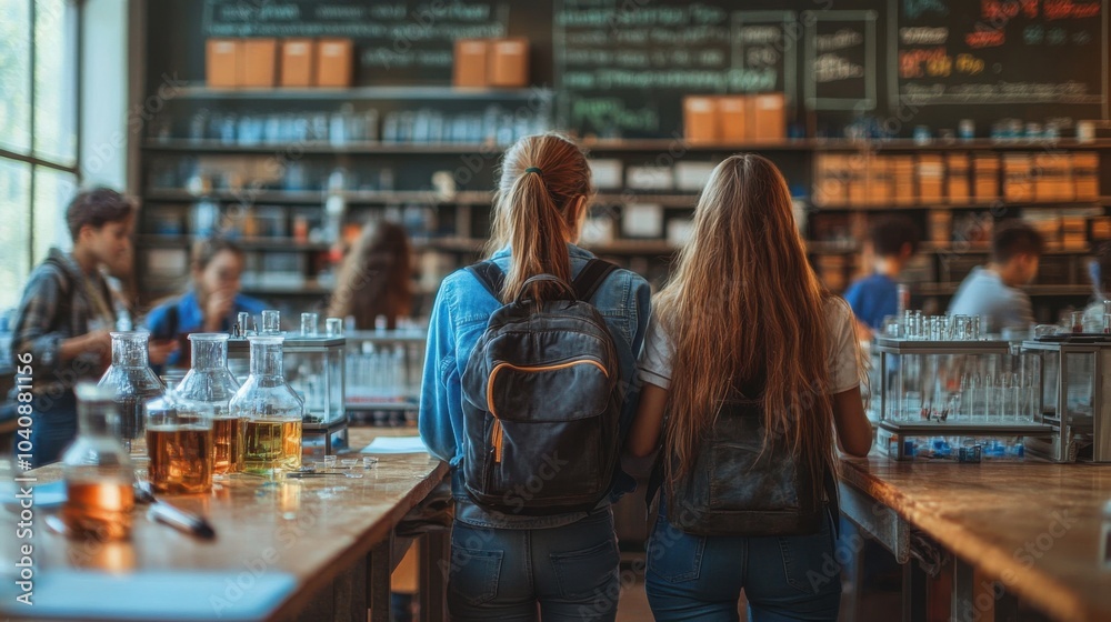 Two students observe a busy science lab filled with experiments. Two students observe a busy science lab filled with experiments.