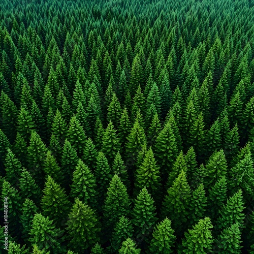 Aerial view of an expansive dense forest, showcasing a lush canopy of evergreen trees, rich in varying shades of green, creating a tranquil and serene atmosphere.