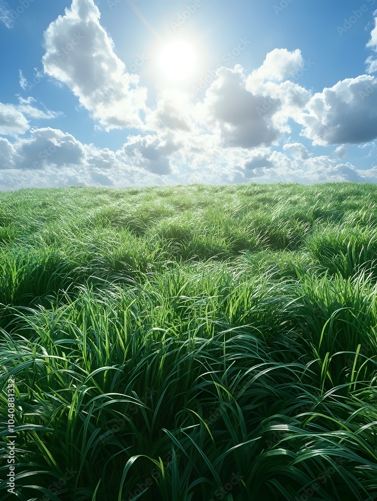 A lush green field bathed in sunlight, with vibrant grass swaying gently under the blue sky dotted with fluffy clouds. A lush green field bathed in sunlight, with vibrant grass swaying gently under the blue sky dotted with fluffy clouds.