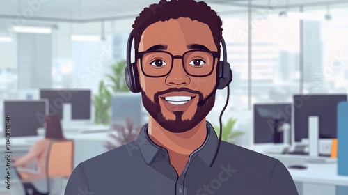 Smiling black man in a headset working at an office desk.