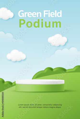 3D Vector kid product display cylinder stand podium banner. Green garden with blue sky and clouds background for baby store, online shop, clothes toy, fashion discount promotion sale, social media