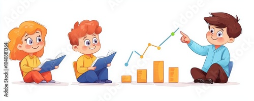 Children engaged in learning with graphs and charts, white isolated background.