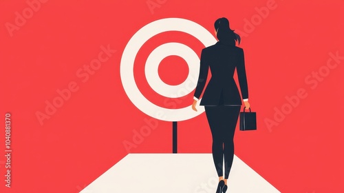 Businesswoman walking towards target on a vibrant red background.