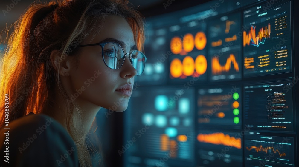 Woman analyzing data on a digital interface with graphs and metrics. Woman analyzing data on a digital interface with graphs and metrics.