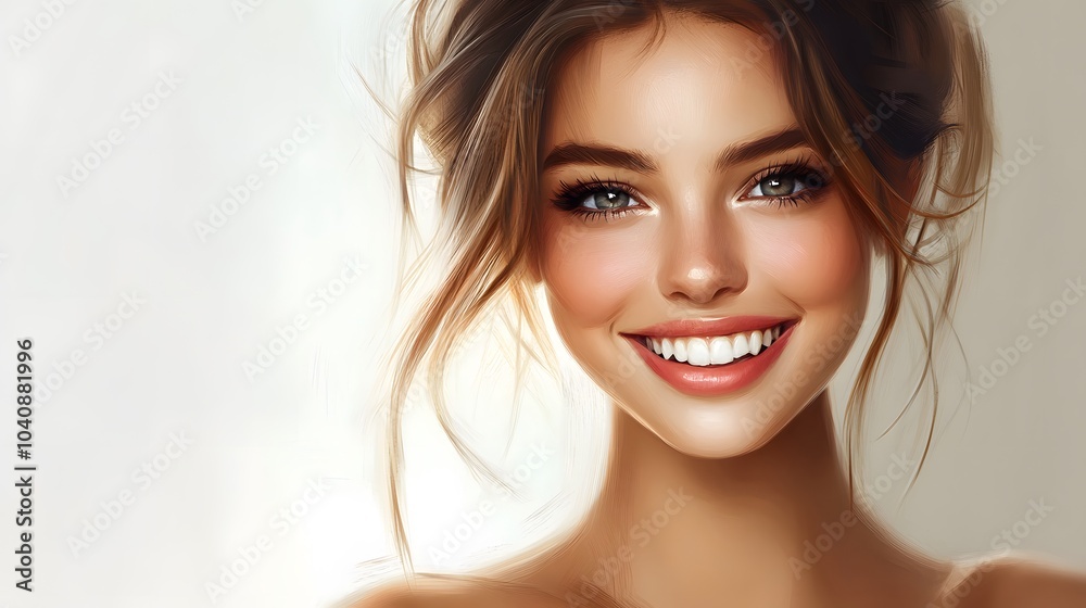 Fototapeta premium Beautiful woman face portrait healthy skin and beauty hairstyle happy smile. 