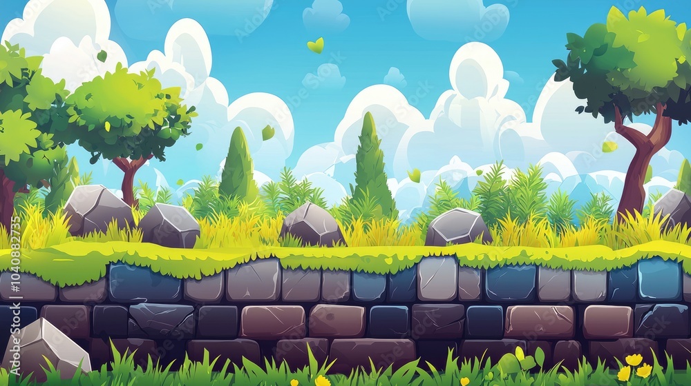 Stone Wall Bordering a Lush, Cartoon-Style Meadow with a Blue Sky and White Clouds
