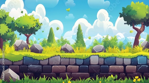 Obraz na płótnie Stone Wall Bordering a Lush, Cartoon-Style Meadow with a Blue Sky and White Clouds w salonie