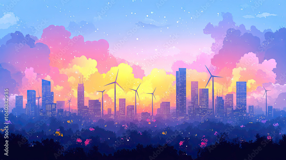 At sunrise, high-rise buildings and wind turbines in the city