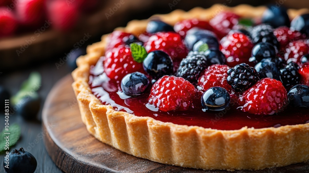 Delicious berry tart with raspberries and blueberries on a wooden plate. Delicious berry tart with raspberries and blueberries on a wooden plate.
