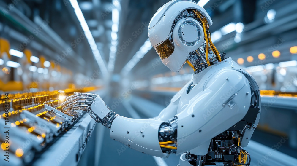 A robot is typing on a keyboard in a factory. The robot is white and has a metallic appearance. Concept of technology and automation in the workplace A robot is typing on a keyboard in a factory. The robot is white and has a metallic appearance. Concept of technology and automation in the workplace