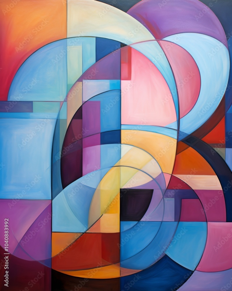 Obraz premium An abstract painting Colorful shapes and curves, geometric patterns. -Abstract painting of colorful shapes art deco, cut paper collage 