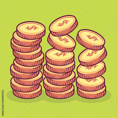 Coins stack vector illustration, flat coin money stacked icon flat, golden penny cash pile, treasure heap isolated