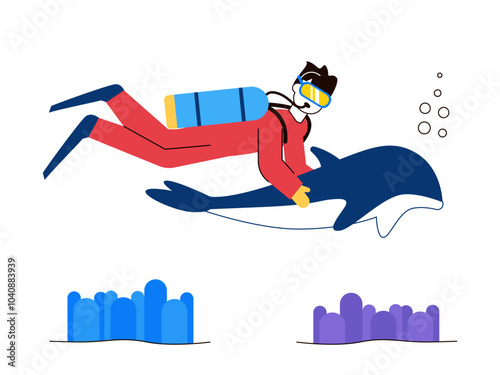 Boy diving into the deep sea with dolphin. Diving illustration. Flat vector illustration