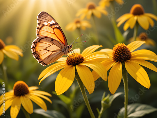 Butterfly on Yellow Flowers in the Sun