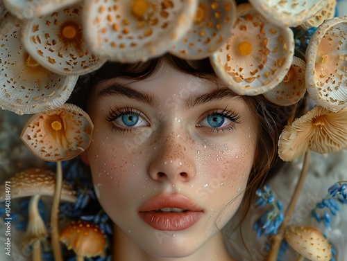 Woman with Mushrooms: A Surreal Portrait