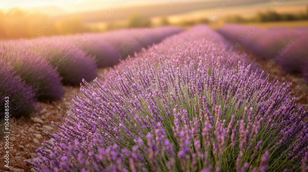 Obraz premium Vibrant Lavender Fields Under Soft Sunset Light