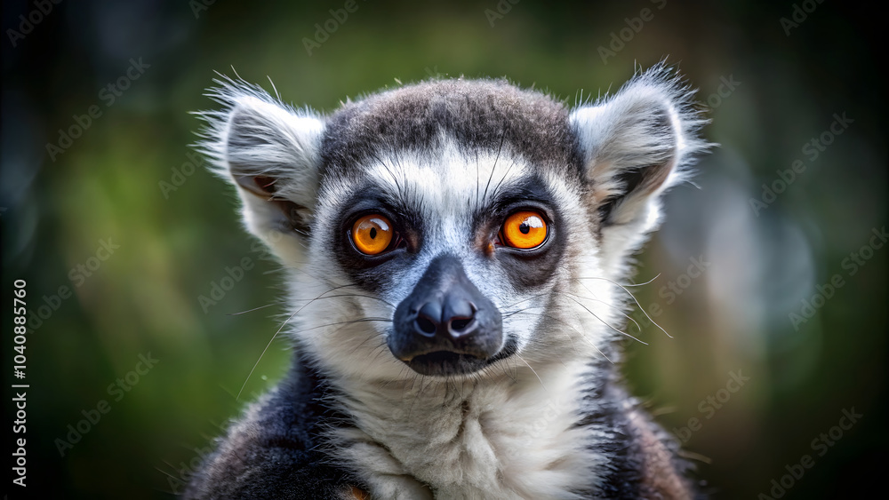Obraz premium Ring-tailed lemur, a wild mammal native to Madagascar, sits on the ground with its fluffy white and black tail curled around its body, staring intently at the camera