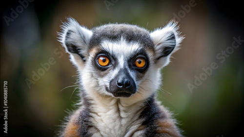 Ring-tailed lemur, a wild mammal native to Madagascar, sits on the ground with its fluffy white and black tail curled around its body, staring intently at the camera